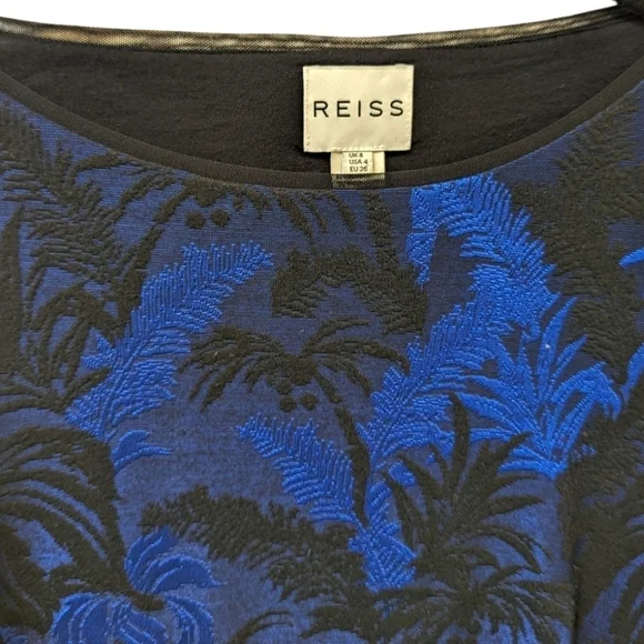 REISS Saffina Blue/Black Tropical Jacquard Jersey Bodycon Silhouette Dress (4) - Picture 3 of 5